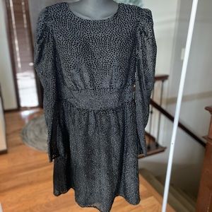 Express Black Velvet Puff Sleeve Polka Dot Fit Flare Dress Size Medium